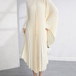 Urban Flared Batwing Sleeves Pleated Solid Color Round-Neck Midi Dresses