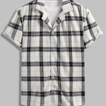Men's Plaid Pleated Brushed Cuban Collar Short Sleeve Shirt