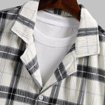 Men's Plaid Pleated Brushed Cuban Collar Short Sleeve Shirt