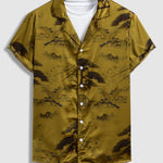 Men's Chinese Style Crane Satin Cuban Collar Shirt Casual Shorts Set