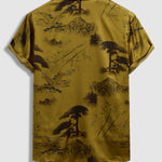 Men's Chinese Crane Pattern Satin Cuban Collar Short Sleeve Shirt