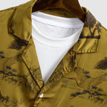 Men's Chinese Crane Pattern Satin Cuban Collar Short Sleeve Shirt