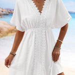 Batwing Sleeves Loose Elasticity See-Through Split-Joint V-Neck Mini Dresses