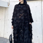 Irregularity Long Sleeves Asymmetric Mesh Pockets See-Through Solid Color Split-Joint Tasseled Stand Collar Midi Dresses