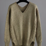 Stylish Loose Long Sleeves Solid Color V-Neck Sweater Tops& Wide Leg Pants Two Pieces Set
