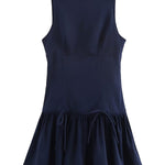 A-Line Loose Pleated Solid Color Split-Joint Zipper Round-Neck Mini Dresses