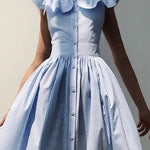 A-Line Loose Buttoned Pleated Ruffle Trim Striped Square-Neck Maxi Dresses