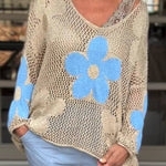 Floral Knitted Hollow V-neck Shirt Floral Mesh Sweater