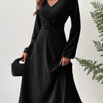 A-Line High Waisted Elasticity Knot Pleated Solid Color V-Neck Midi Dresses