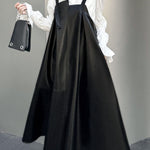A-Line Loose Asymmetric Pleated Solid Color Split-Joint Square-Neck Midi Dresses Slip Dress