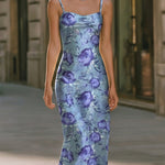 Floral Satin Bodycon Midi Dress With Slim Spaghetti Straps