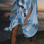 Luisa Satin Floral Print Pleated High-neck Batwing Cutout Sleeve Loose Cape Mini Dress