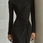 Black Asymmetric Draped Long-Sleeve Column Maxi Dress
