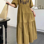 Bishop Sleeve Loose Embroidered Pleated V-Neck Midi Dresses