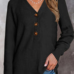 Half Button Raglan Sleeve V Neck Sweater