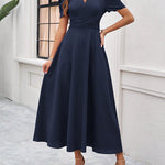 A-Line High Waisted Pleated Solid Color Zipper V-Neck Maxi Dresses