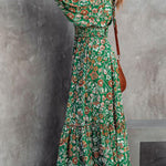 Fashion printed lantern long-sleeved V-neck backless stitching dress