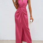 Bodycon High Waisted Elasticity Knot Solid Color Split-Front Split-Joint Zipper V-Neck Maxi Dresses