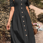 Short-sleeved v-neck solid color cotton and linen dress