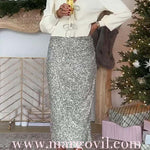 High Waist Shinny Sequin Midi Party Skirt