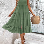 Loose Sleeveless Buttoned Solid Color Tiered Round-neck Midi Dresses