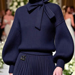 Loose Puff Sleeves Bowknot Solid Color Split-Joint High Neck Sweater Tops