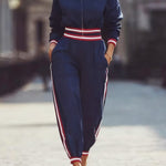 High Waisted Long Sleeves Pockets Striped Zipper Round-Neck Jumpsuits