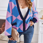 V-neck geometric patchwork contrasting knitted cardigan casual loose jacket