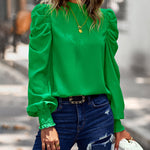 Zeagoo Zeagoo Casual Fold Bubble Cuff Bow Lace Round Neck Shirt Top