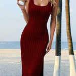 Skinny Sleeveless Solid Color Split-Side Striped U-Neck Midi Dresses