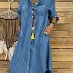 Casual Denim Solid Turndown Collar Singe Breasted Pockets Midi Dress