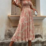 Pitaya Unique Print Off Shoulder Smocked Ruffle Sleeve Layered Midi Dress