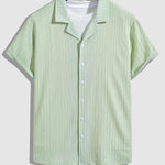 Men's solid color striped textured Cuban collar casual short-sleeved shirt