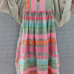 Pink Greek Key and Orange Chain Striped Print Midi Dress