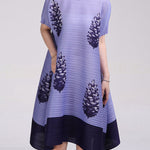 A-Line Loose Flower Print Pleated Round-Neck Midi Dresses