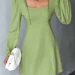 A-Line High Waisted Solid Color Split-Joint Square-Neck Mini Dresses