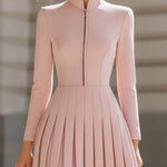 Elegant Blush Pink Pleated Midi Dress With Stand Collar