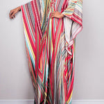 Batwing Sleeves Loose Printed Split-Joint Striped V-Neck Maxi Dresses