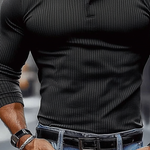 Men's Striped Textured Basic Elastic Long-sleeved POLO Shirt