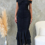 Beauty Untamed Mesh Overlay Off Shoulder Ruched Stretch Maxi Dress