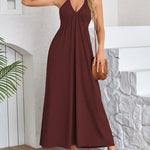 A-Line Loose Pleated Solid Color Split-Joint Deep V-Neck Maxi Dresses
