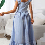 A-Line Loose Buttoned Pleated Ruffle Trim Striped Square-Neck Maxi Dresses