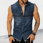 Men's Vintage Washed Raw Edge Lapel Sleeveless Denim Shirt