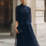 Button-Front Sheer Overlay Midi Dress