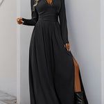A-Line High Waisted Pleated Solid Color Split-Side V-Neck Maxi Dresses