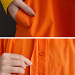 Loose Puff Sleeves Contrast Color Pleated Split-Joint Lapel Midi Dresses Shirt Dress