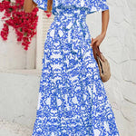 Off-shoulder short-sleeved printed ruffled maxi dress