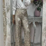 Glitzy Glamour Sequin High Rise Elastic Waist Wide Leg Pants