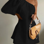 Loose Three-Quarter Sleeves Asymmetric Elasticity Solid Color One-Shoulder Mini Dresses