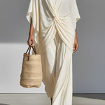Women's Ivory Pleated Chiffon Set With Deep V-Neck & Twist-Front Detail, Timeless Luxe-Effortless Style Set